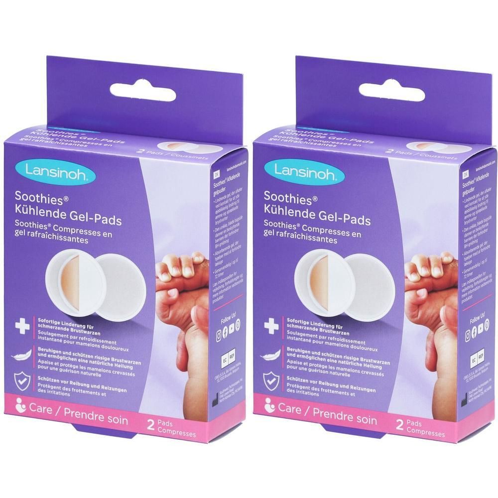 Deux boîtes de Lansinoh Soothies Compresses. Chaque boîte montre deux coussinets ronds et du texte en allemand et en français.