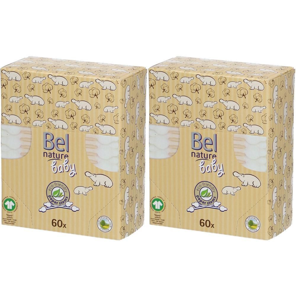 Deux boîtes de cotons-tiges pour bébés. Inscription : Bel nature Baby. Emballage avec motif d'ours et 60 pièces.
