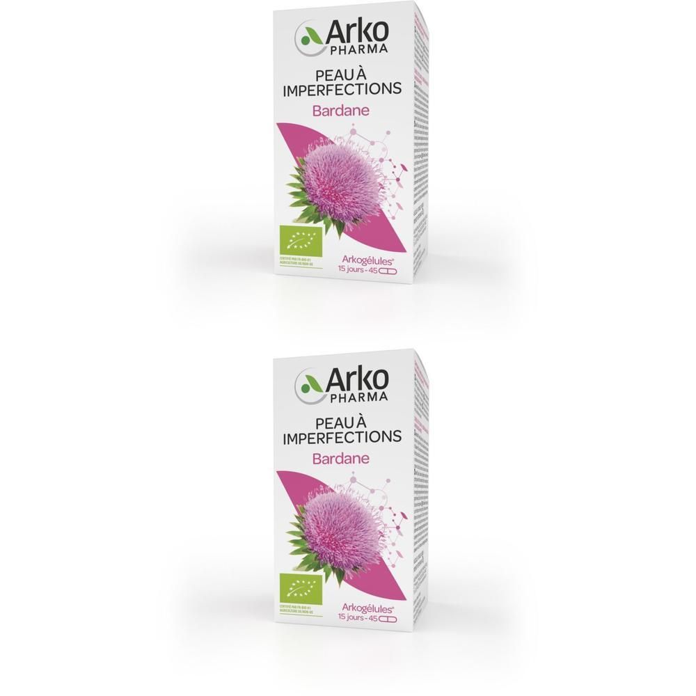 Deux boîtes Arkocaps Bardane Bio. Inscription: Arko Pharma, Peau à Imperfections, Bardane, label bio.