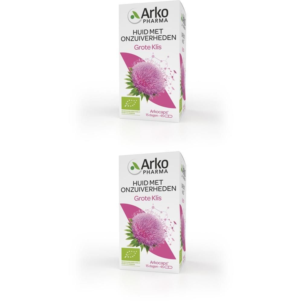 Twee dozen Arkocaps Bardane Bio. Opschrift: Arko Pharma, Huid met Onzuiverheden, Grote Klis, bio-label.