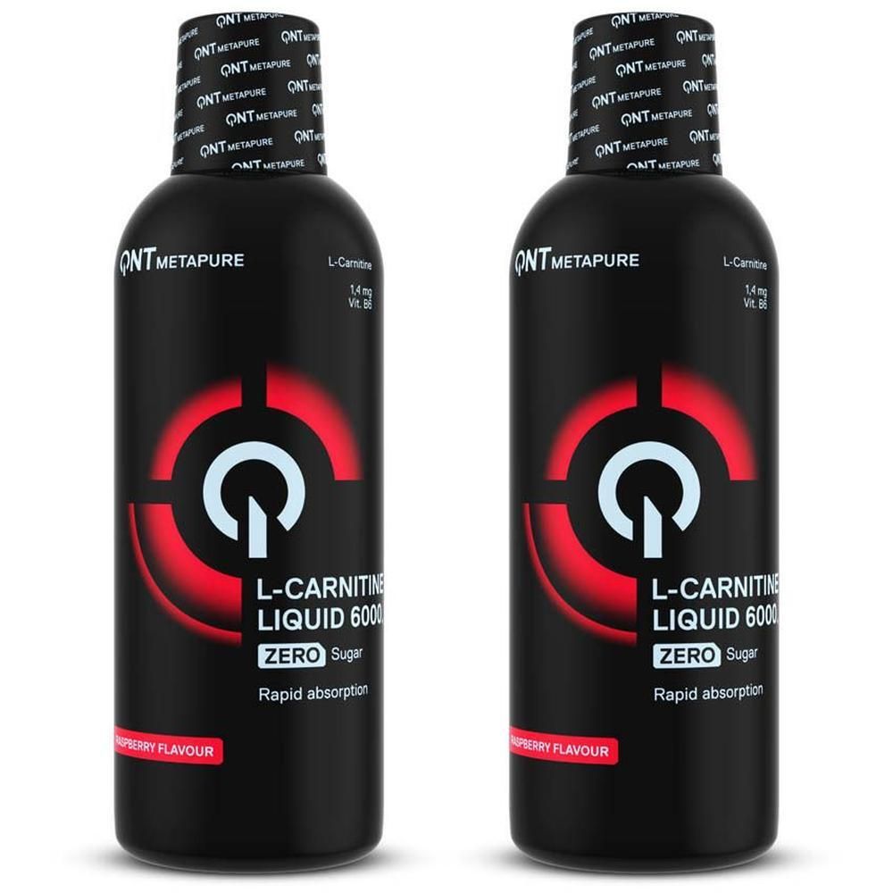 Twee zwarte flessen met rode en witte graphics. Opschrift: L-Carnitine Liquid 6000 Zero Sugar. Merk: QNT Metapure.