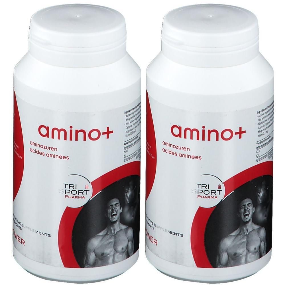Twee witte flessen met "amino+". Rode cirkel met man. Opschrift "TRI SPORT PHARMA". 