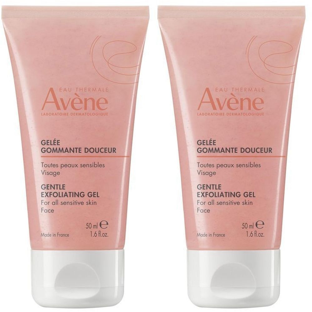 Deux tubes de gel rose avec bouchon blanc. Inscription : Avène, Gelée Gommante Douceur, Gentle Exfoliating Gel.