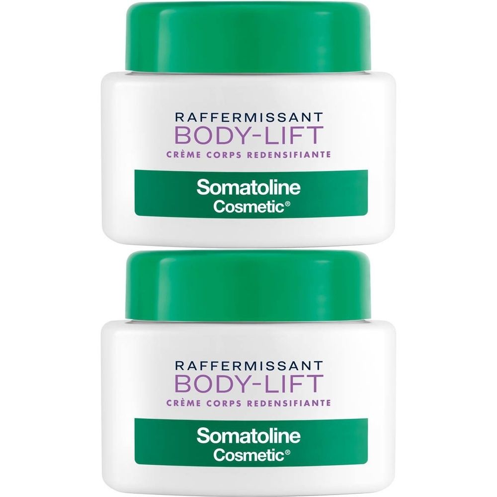 Deux pots blancs avec couvercles verts. Inscription: RAFFERMISSANT BODY-LIFT, Somatoline Cosmetic.