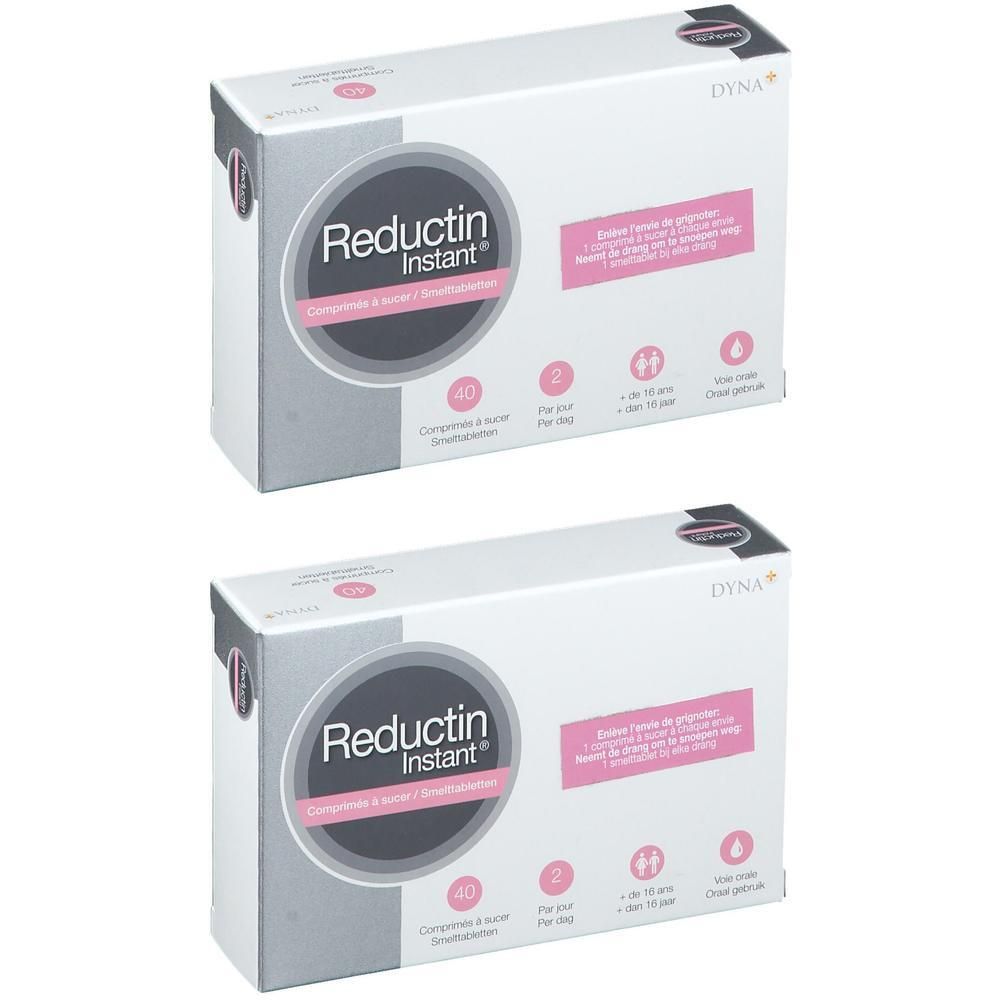 Deux boîtes de Reductin Instant. Emballage blanc avec logo et texte. Contient 40 comprimés. Accents roses.
