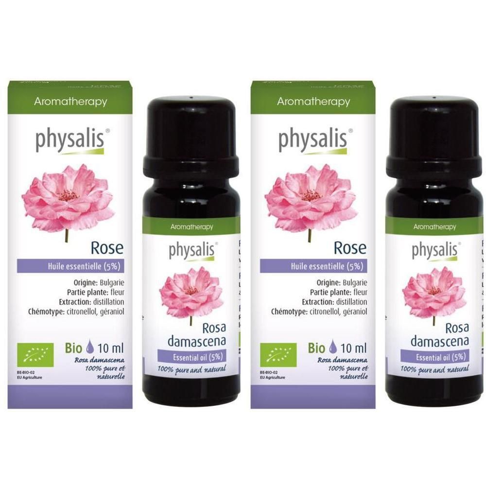 Quatre flacons Physalis Rose Huile Essentielle Bio. Flacons noirs avec étiquettes et boîtes. Certification bio.