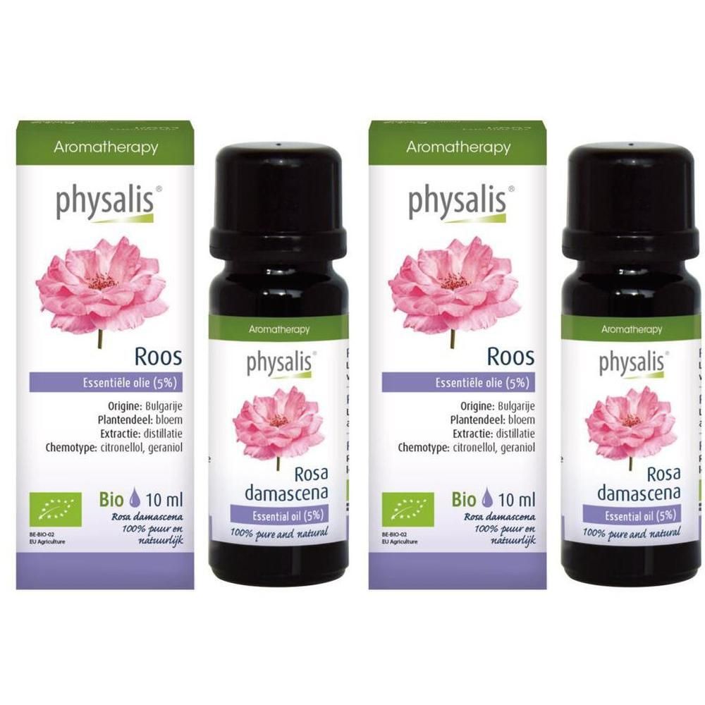 Vier flessen Physalis Roos Essentiële olie. Zwarte flessen met etiketten en dozen. Bio-certificering.