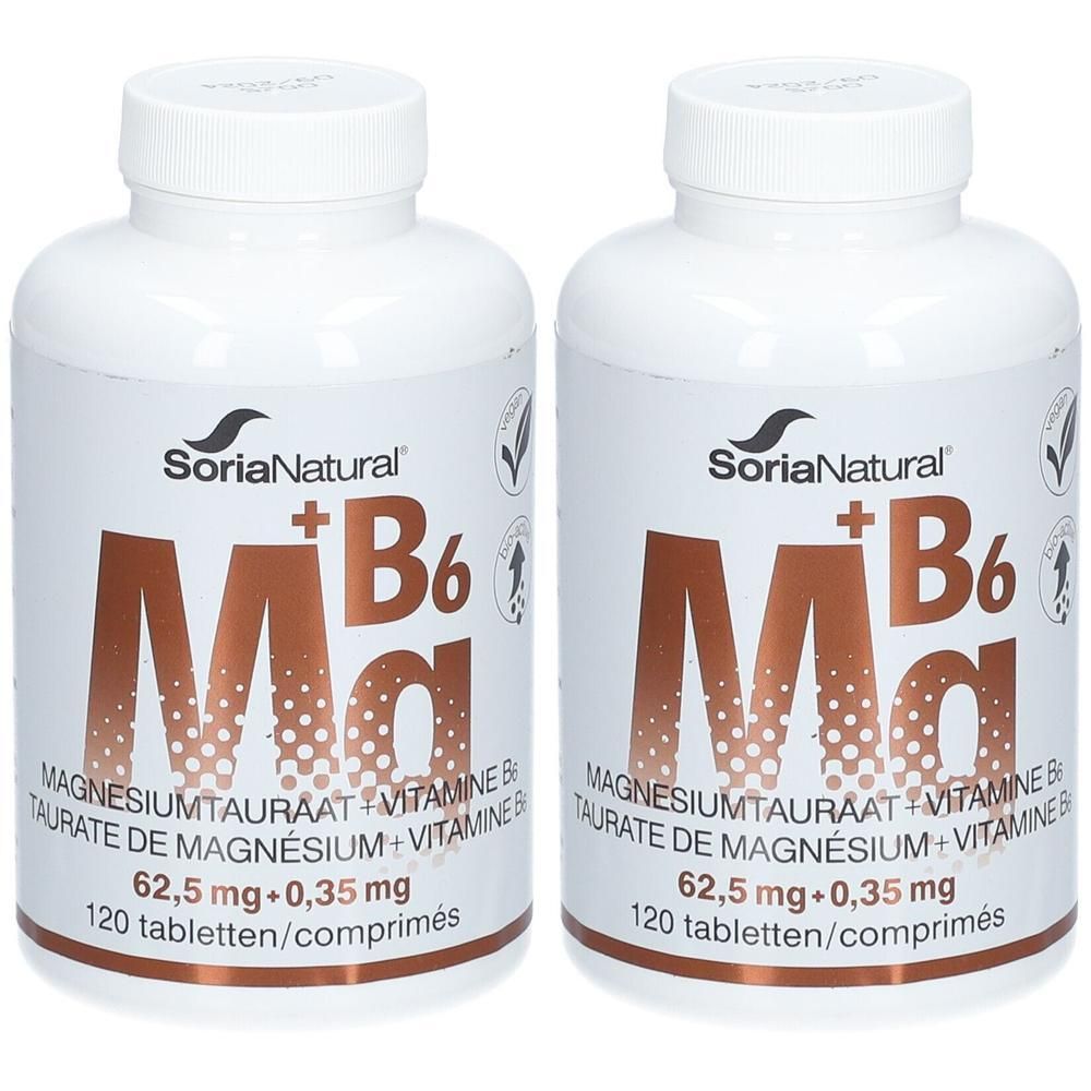 Twee witte flessen met schroefdop. Opschrift: Soria Natural, Mg+B6. Bevat magnesiumtauraat en vitamine B6. 120 tabletten.