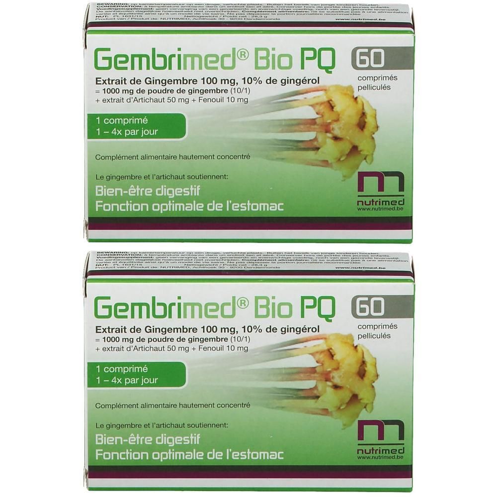 Deux boîtes de Gembrimed Bio PQ, 60 comprimés. Ingrédients : extrait de gingembre, artichaut, fenouil. Logo Nutrimed.