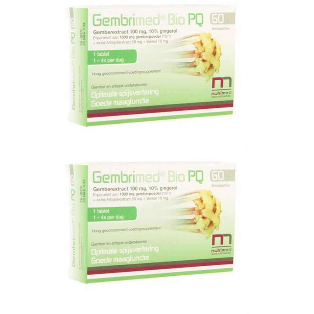 Twee dozen Gembrimed Bio PQ met 60 tabletten. Opschriften: gemberextract, artisjok, venkel. Nutrimed logo.