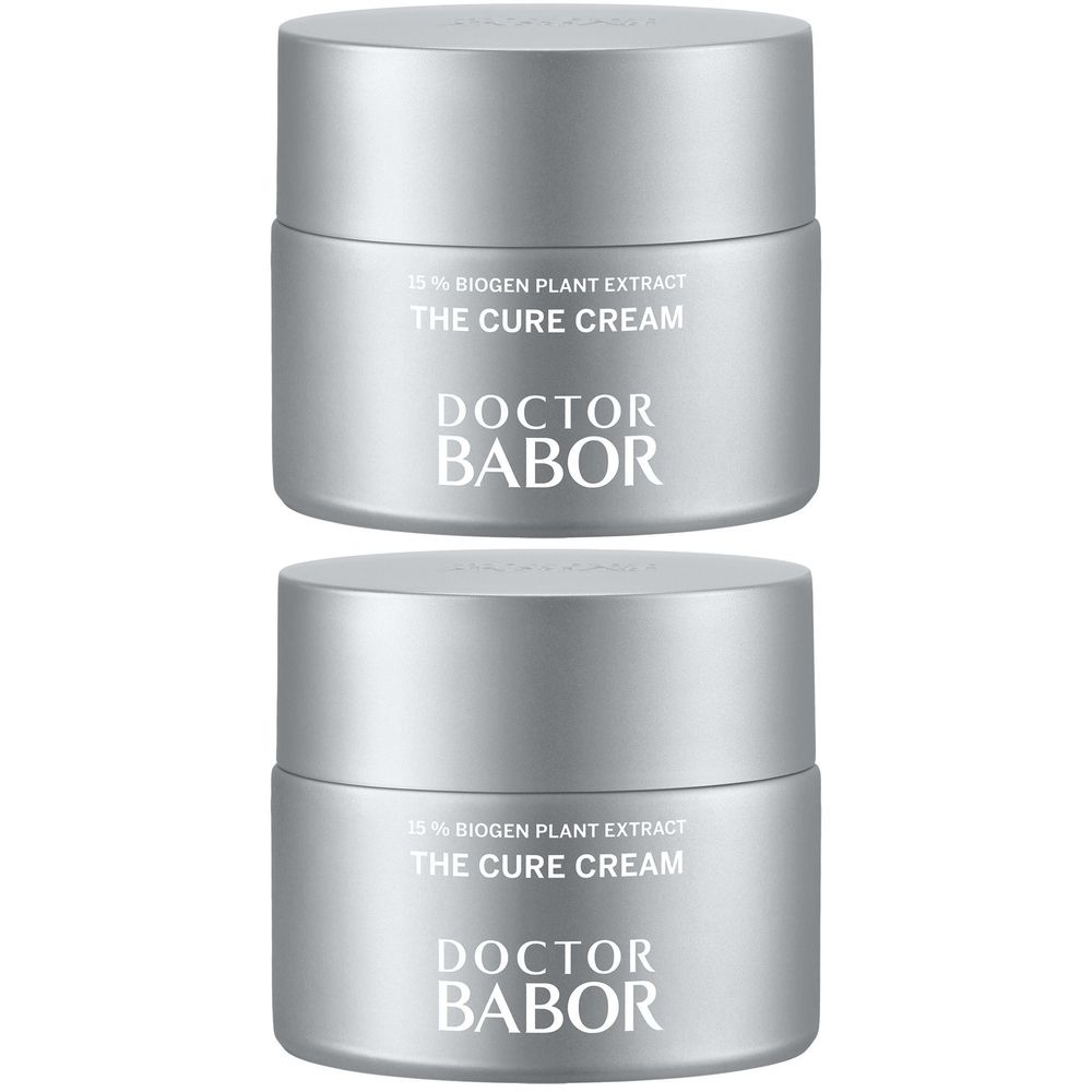 Deux pots argentés. Inscription: DOCTOR BABOR, THE CURE CREAM, 15% BIOGEN PLANT EXTRACT.