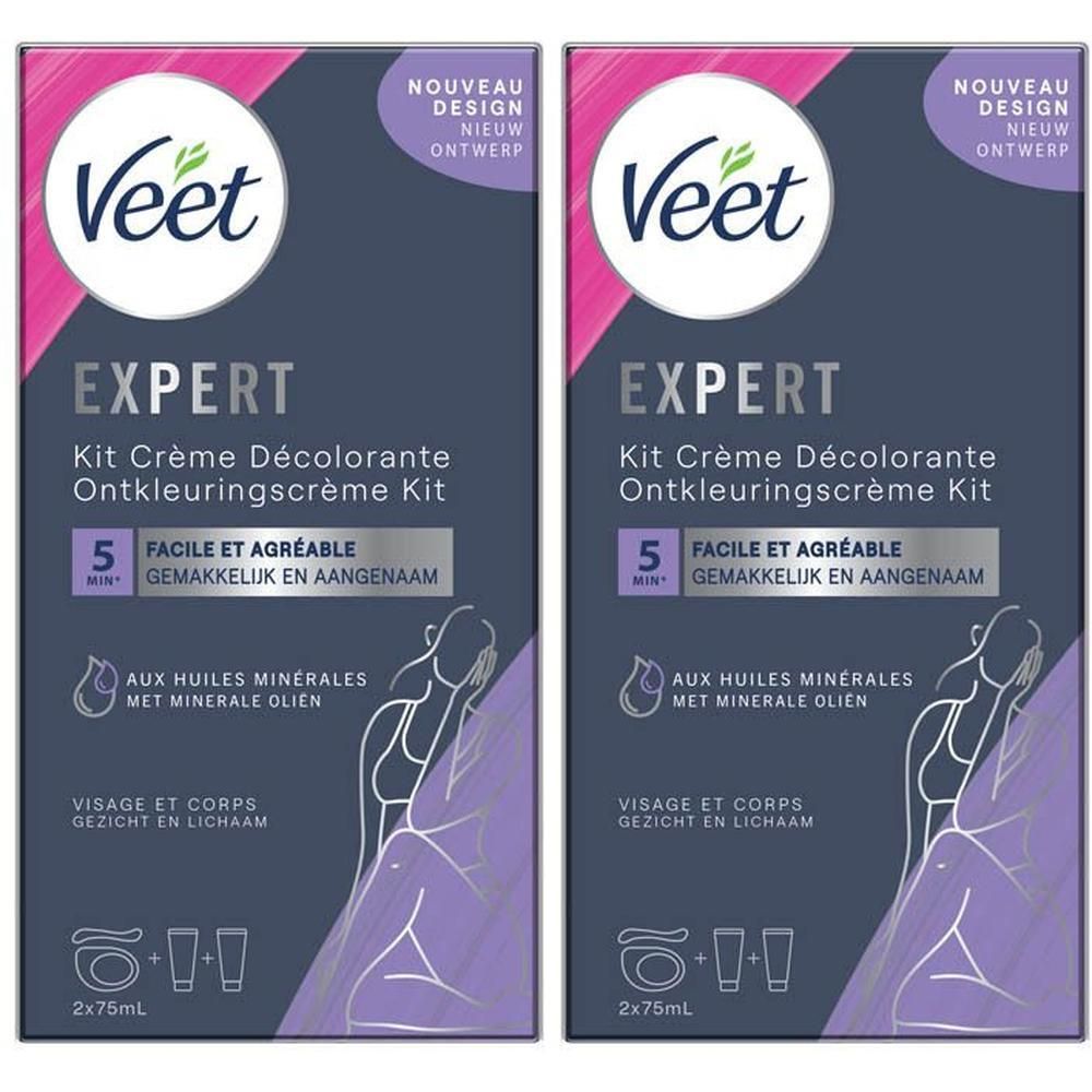 Twee Veet Expert kits. Opschrift: Kit Crème Décolorante. Bevat minerale oliën. Voor gezicht en lichaam. 2x75ml.