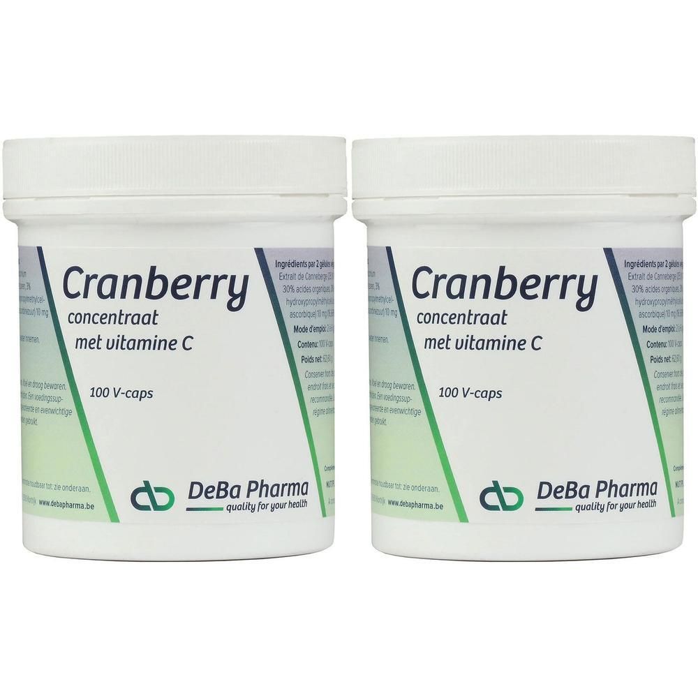 Deux pots blancs avec l'inscription "Cranberry concentrat met vitamine C". Marque "DeBa Pharma".