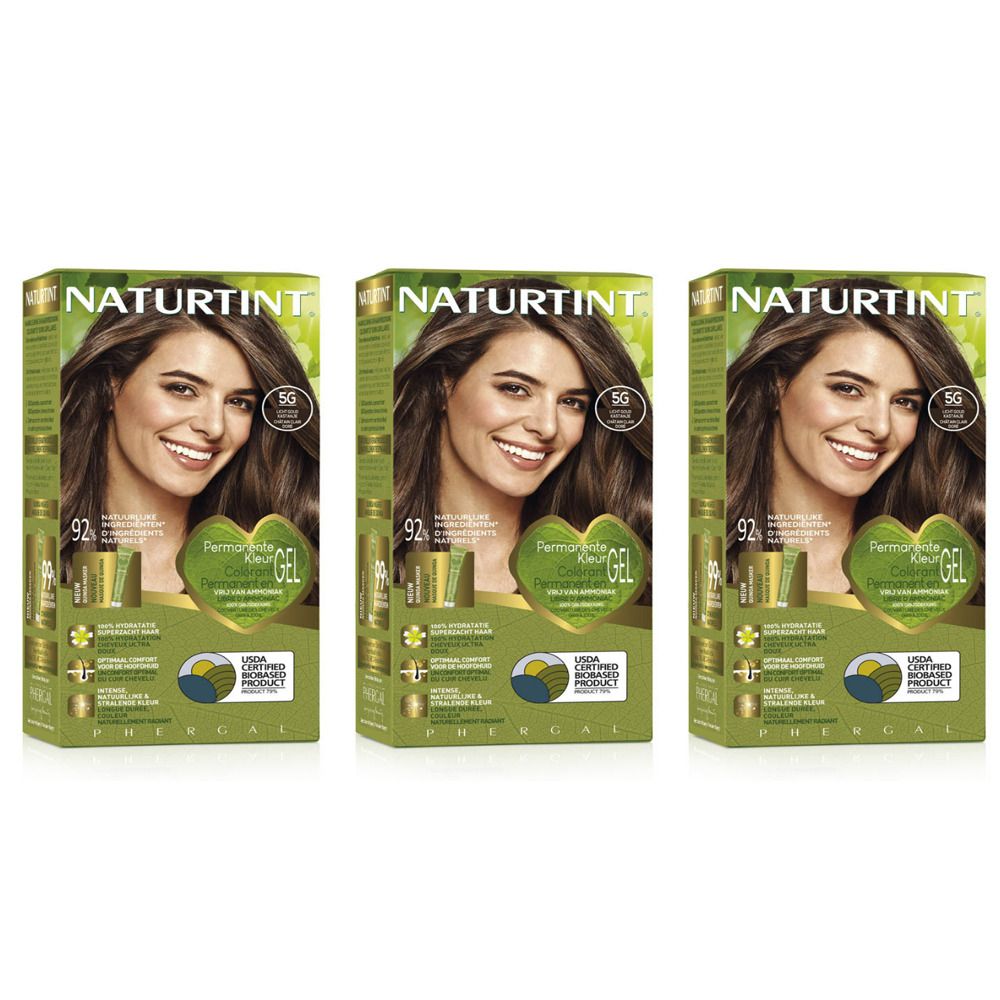 Trois boîtes de teinture capillaire Naturtint. Chaque boîte présente un portrait de femme et des informations.