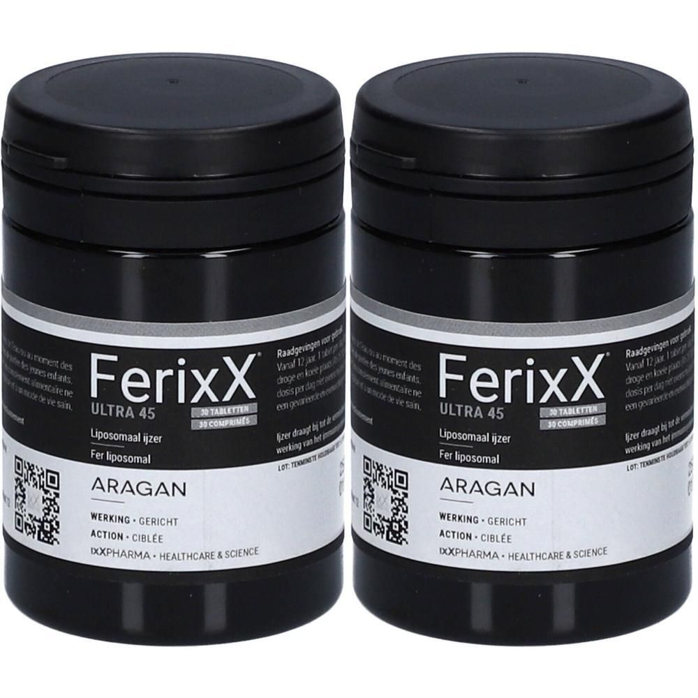 Deux boîtes noires avec étiquette blanche. L'étiquette indique "FerixX ULTRA 45" et "ARAGAN".