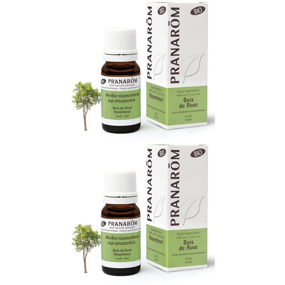 Bruine glazen fles en doos met Pranarôm Huile Essentielle Bois de Rose. Bio-certificering.
