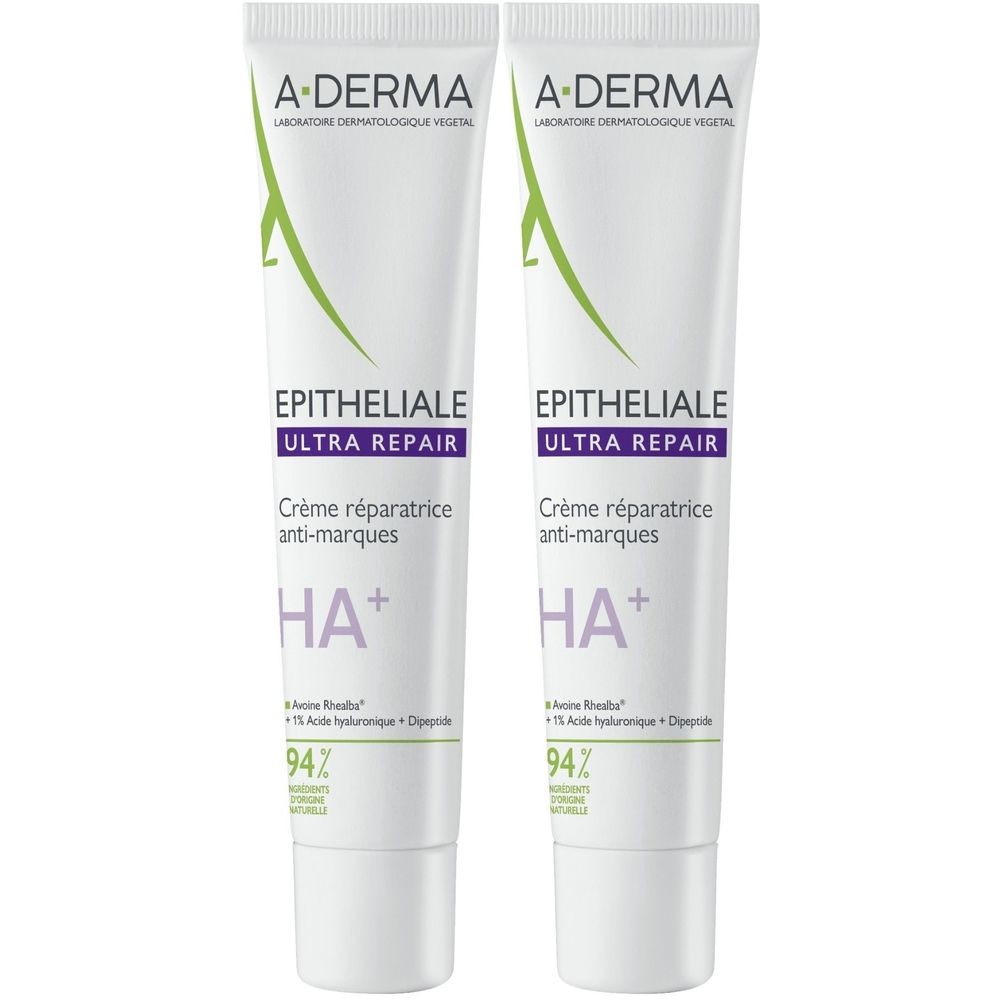 Deux tubes de crème A-DERMA Epitheliale Ultra Repair. Tubes blancs avec lettrage vert et violet. Texte: Crème réparatrice anti-marques.