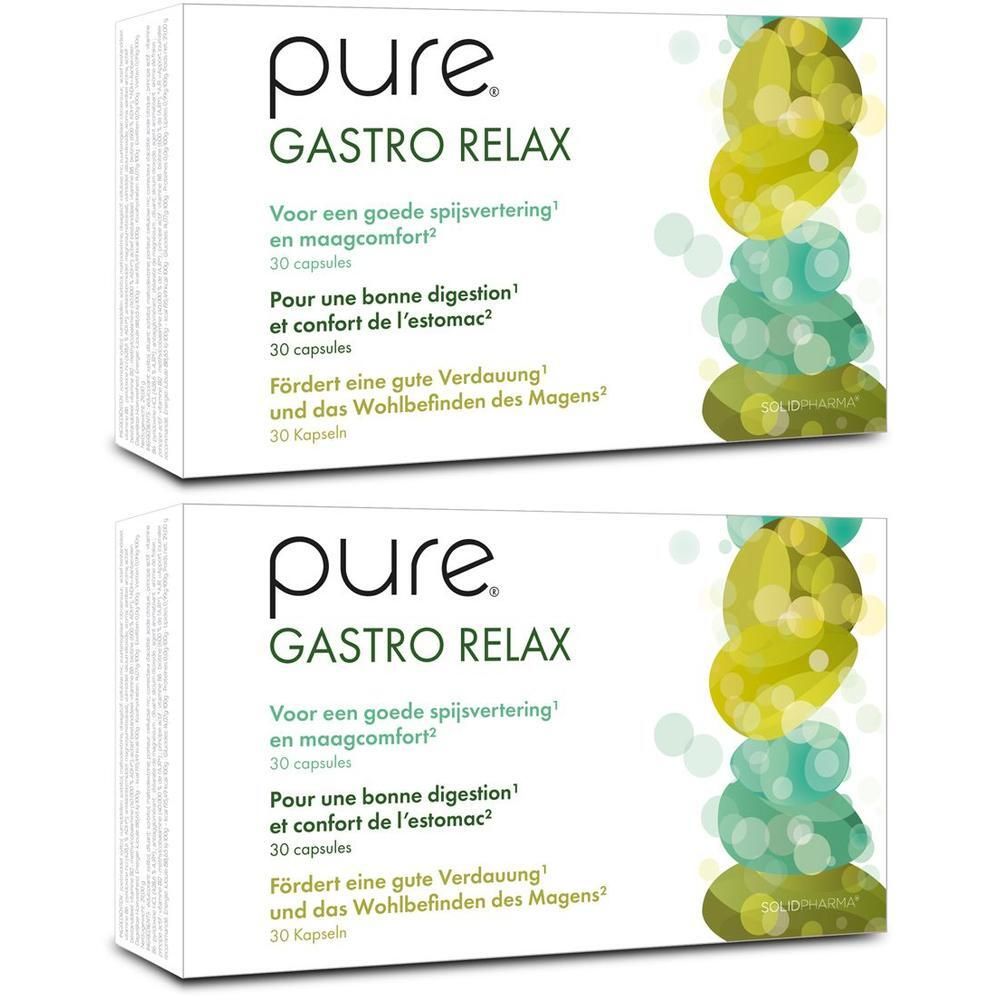 Twee dozen Pure® Gastro Relax. Witte verpakking met groen design. Tekst in meerdere talen.