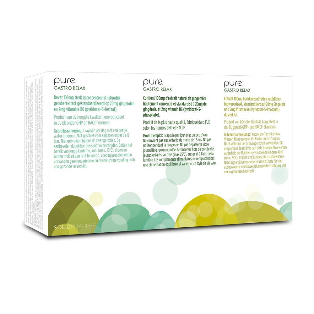 Dos de l'emballage Pure® Gastro Relax. Texte en allemand, français et néerlandais. Informations sur le produit.