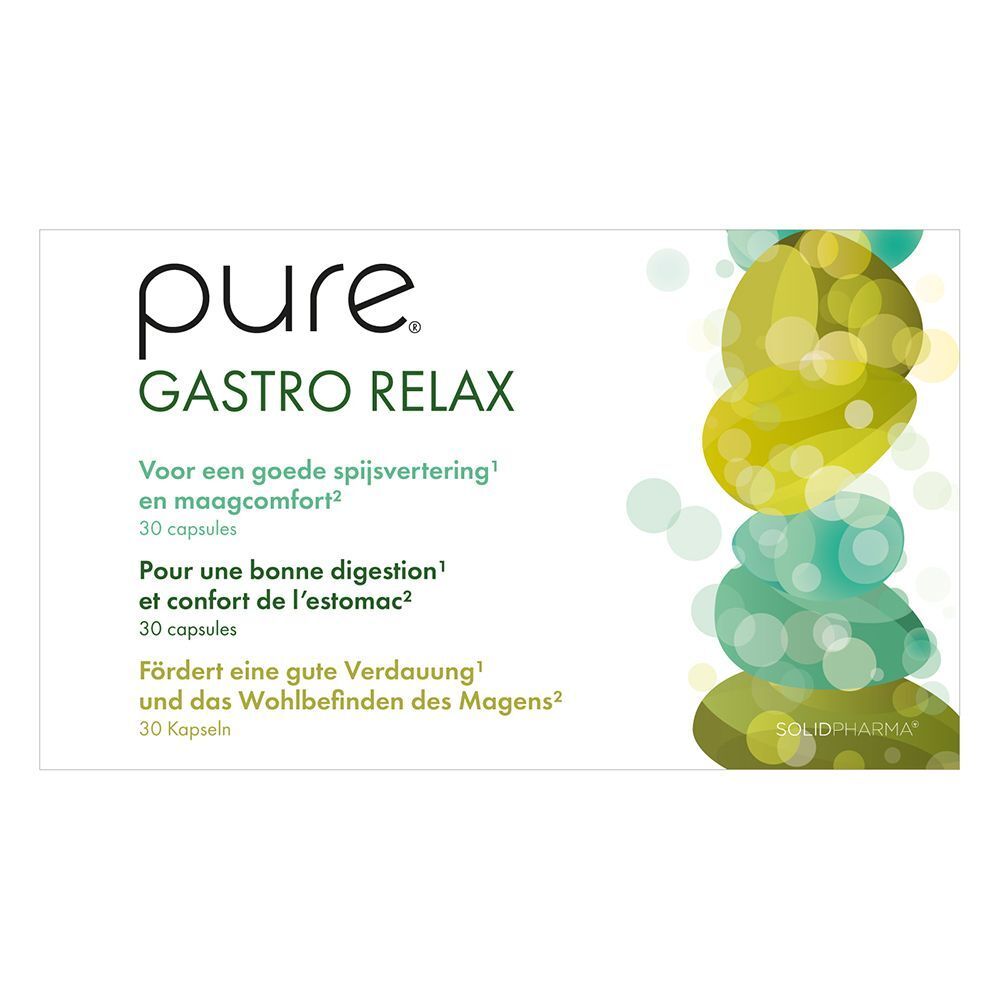 Een doos Pure® Gastro Relax. Witte verpakking met groen design. Tekst in meerdere talen.