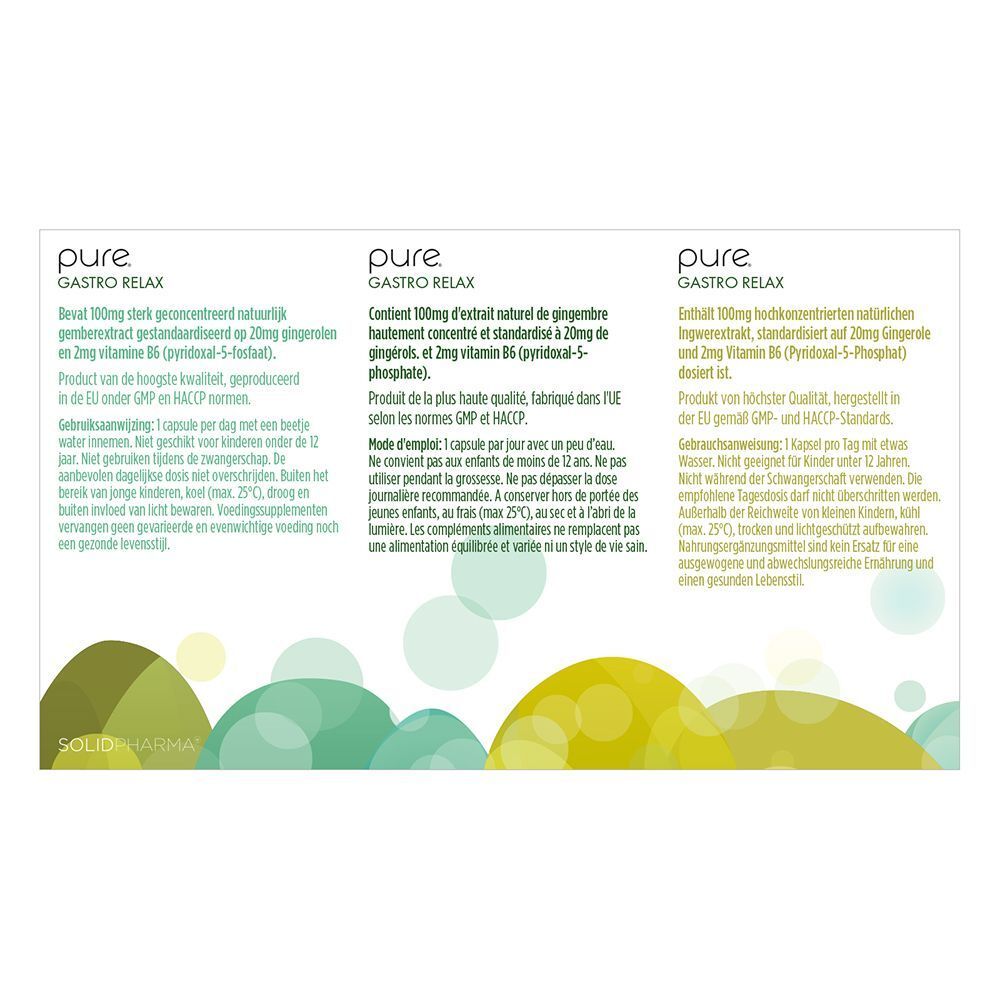 Dos de l'emballage Pure® Gastro Relax. Texte en allemand, français et néerlandais. Informations sur le produit.