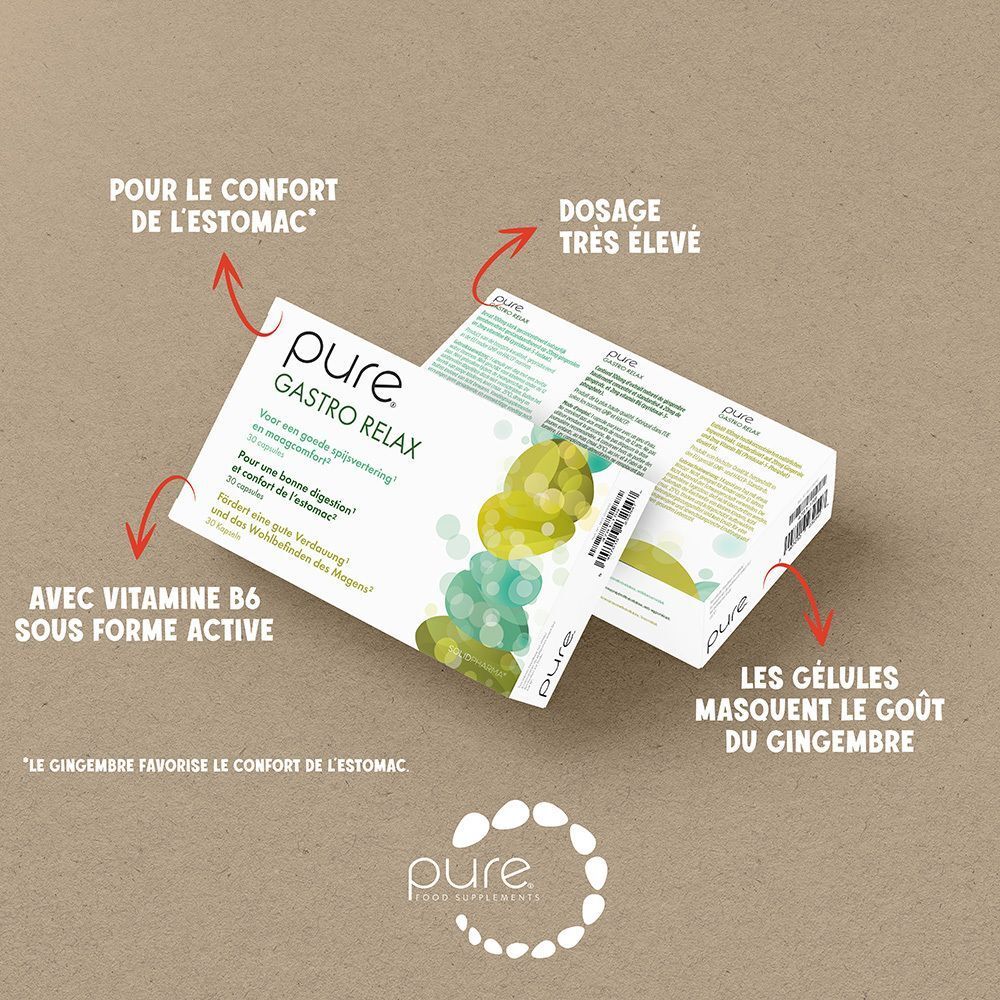 Deux boîtes Pure® Gastro Relax. Flèches pointant vers le texte et les caractéristiques du produit. Fond marron.