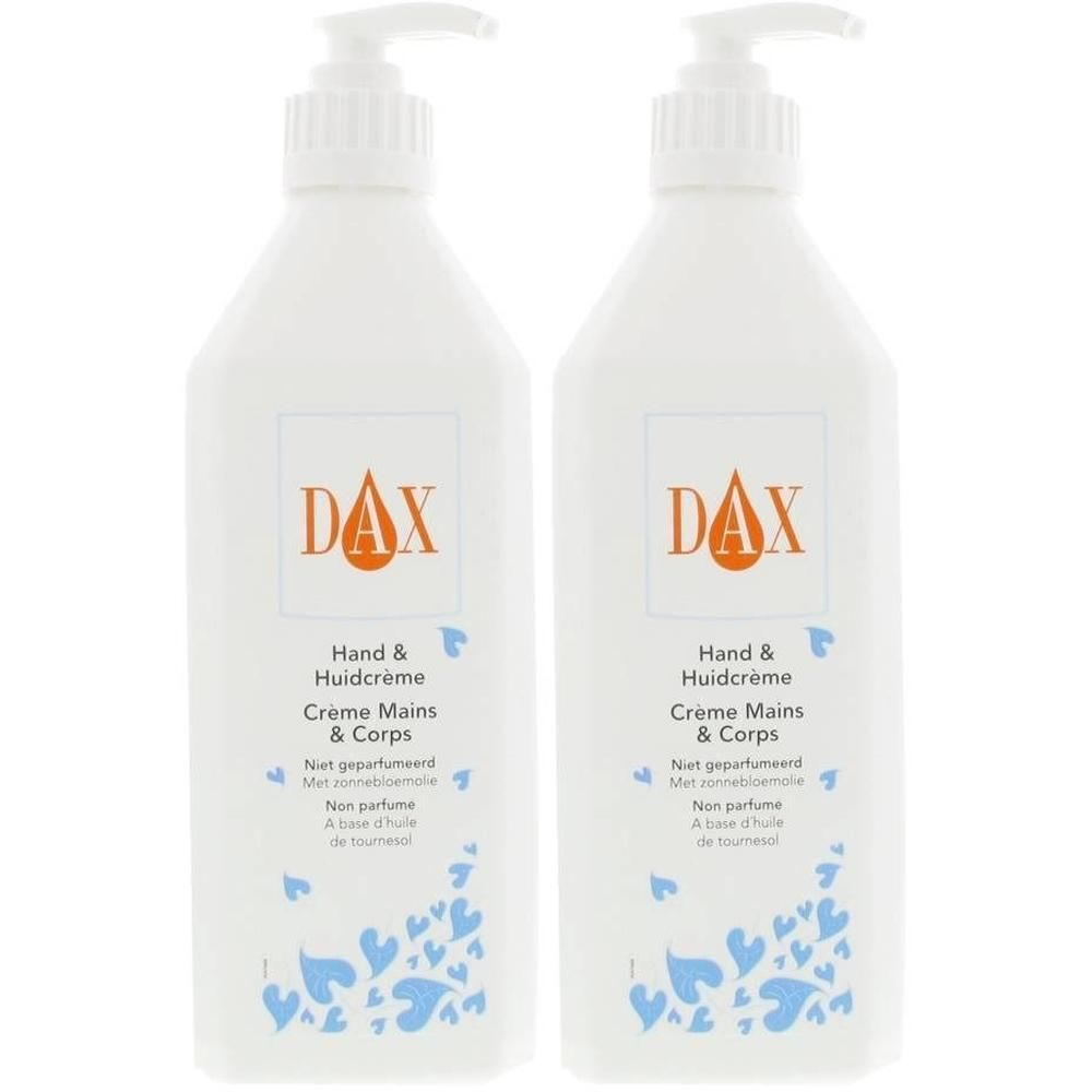 Twee witte flessen met DAX-logo en opschrift Hand & Huidcrème. Met pomp. Opschrift in het Nederlands en Frans.