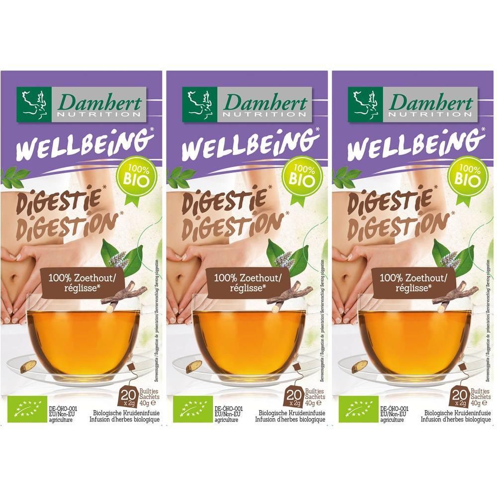 Drie theeverpakkingen. Opschrift: Wellbeing, Digestie, 100% Bio. Tekst: 100% Zoethout/réglisse. 20 zakjes. Bio-certificering.