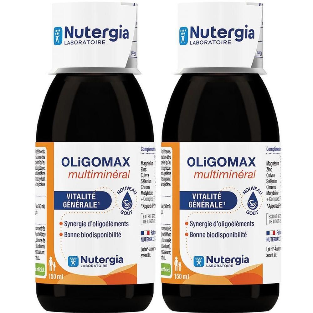 Deux flacons de Nutergia OLiGOMAX Multiminéral. Liquide noir dans des bouteilles en verre avec étiquette blanche. Inscription: Vitalité Générale.