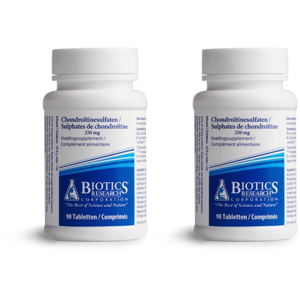 Twee witte flessen met schroefdop. Opschrift: Chondroïtinesulfaten 250 mg, voedingssupplement. Merk: Biotics Research.