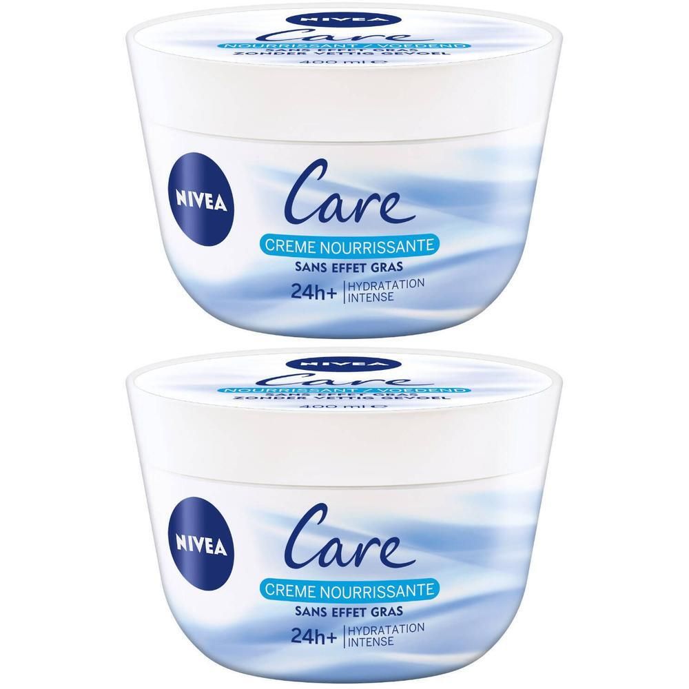 Deux pots de Nivea Care Crème Nourrissante. Pots blancs avec texte bleu et logo. Texte: Sans effet gras, 24h+ Hydratation intense.
