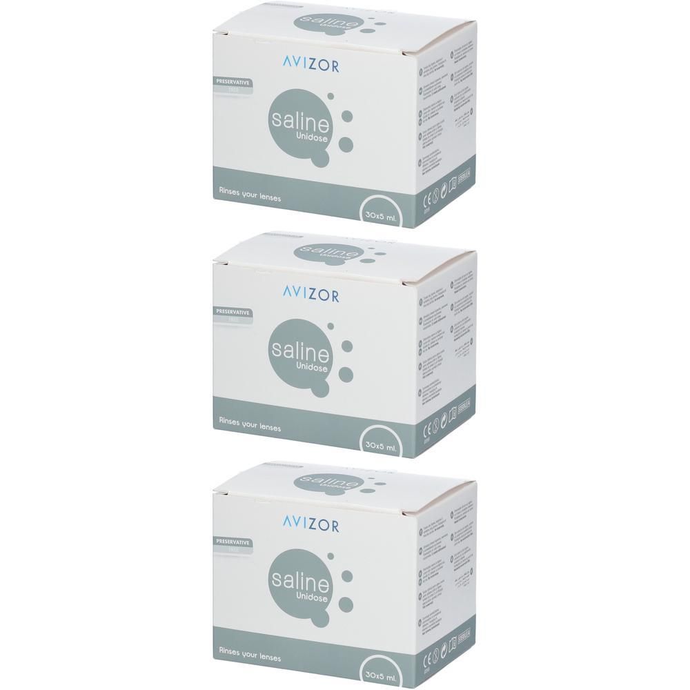 Trois boîtes "AVIZOR saline unidoses". Emballage blanc avec texte et graphiques bleus. Contient 30x0,5 ml.