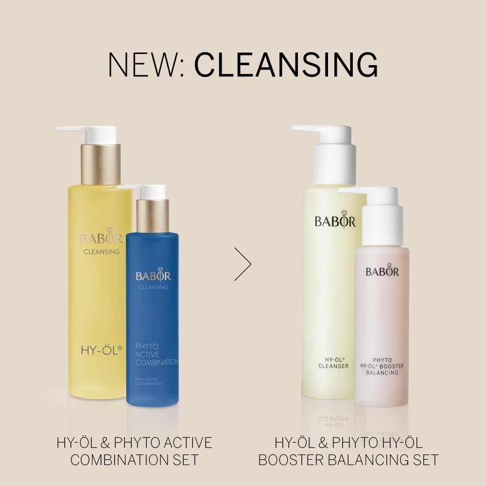 Vergelijking van twee BABOR reinigingssets: HY-ÖL & Phyto Active Combination Set en HY-ÖL & Phyto HY-ÖL Booster Balancing Set.
