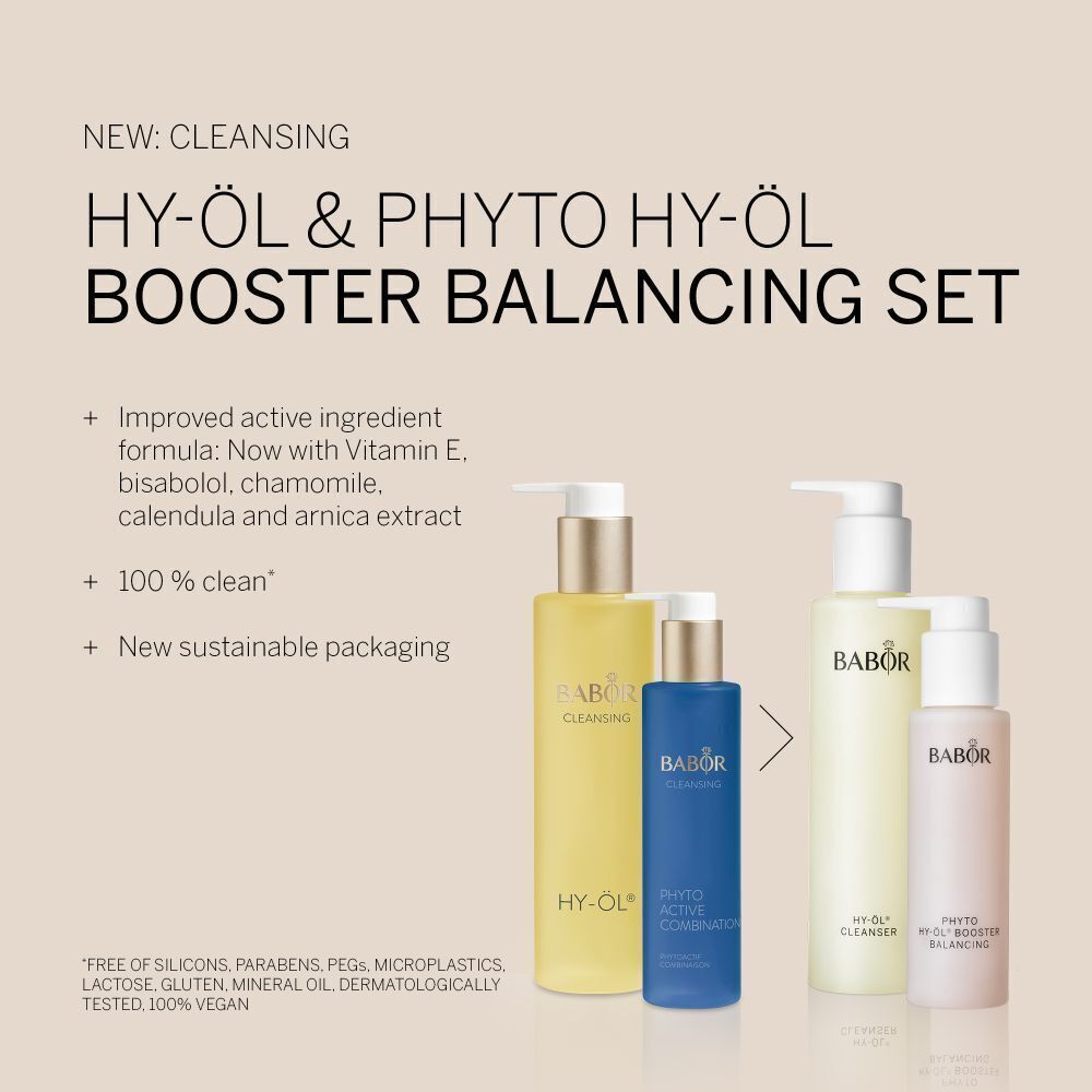 BABOR HY-ÖL & Phyto HY-ÖL Booster Balancing Set met nadruk op ingrediënten en verpakking.
