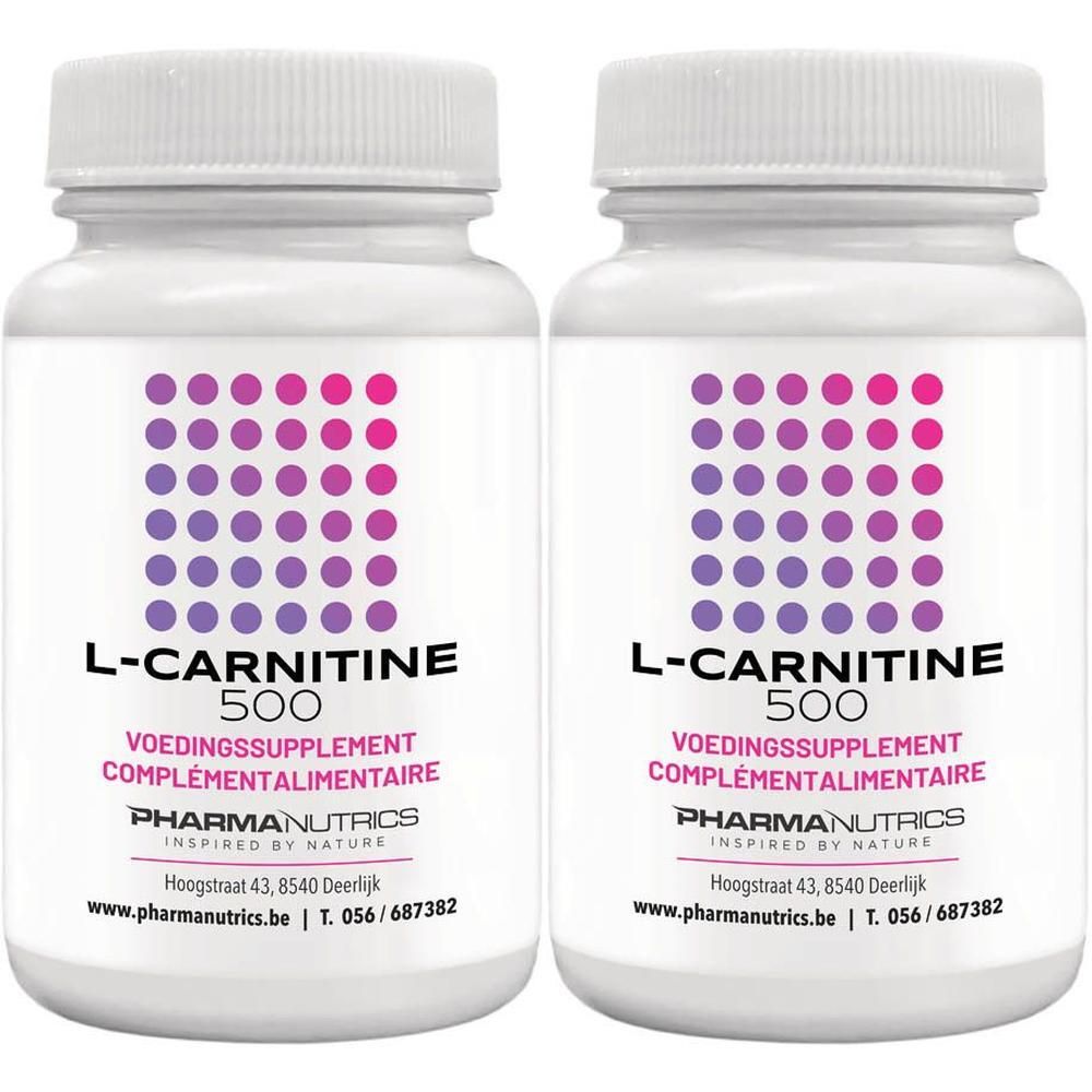 Deux flacons blancs avec étiquettes. Inscription : L-Carnitine 500, complément alimentaire. Marque : PharmaNutrics.