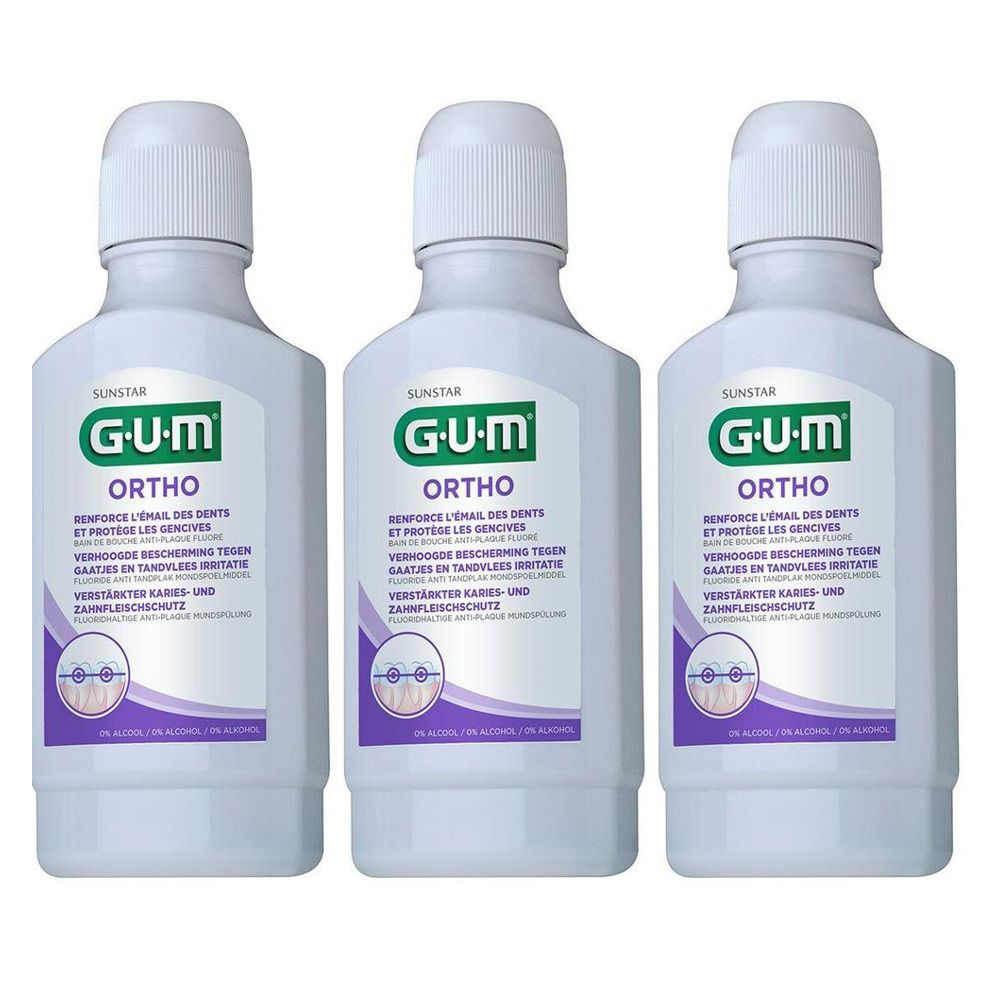 Trois flacons de bain de bouche GUM Ortho. Protège l'émail des dents et les gencives. Flacons blancs avec bouchons blancs.