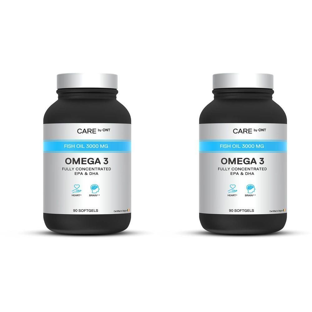 Twee zwarte flessen met witte doppen. Opschrift: CARE by QNT, Visolie 3000 mg, Omega 3, 90 softgels.