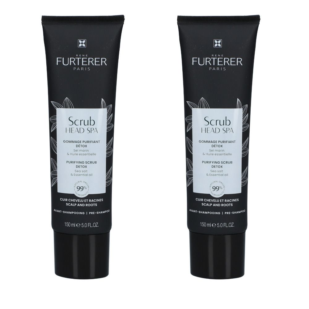 Deux tubes noirs René Furterer Head Spa Scrub. Inscription: Scrub Head Spa, Gommage Purifiant Détox.