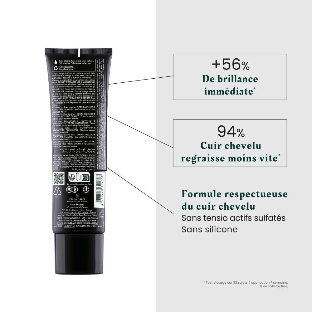 Dos d'un tube noir. Texte: +56% De brillance immédiate, 94% Cuir chevelu regraisse moins vite.