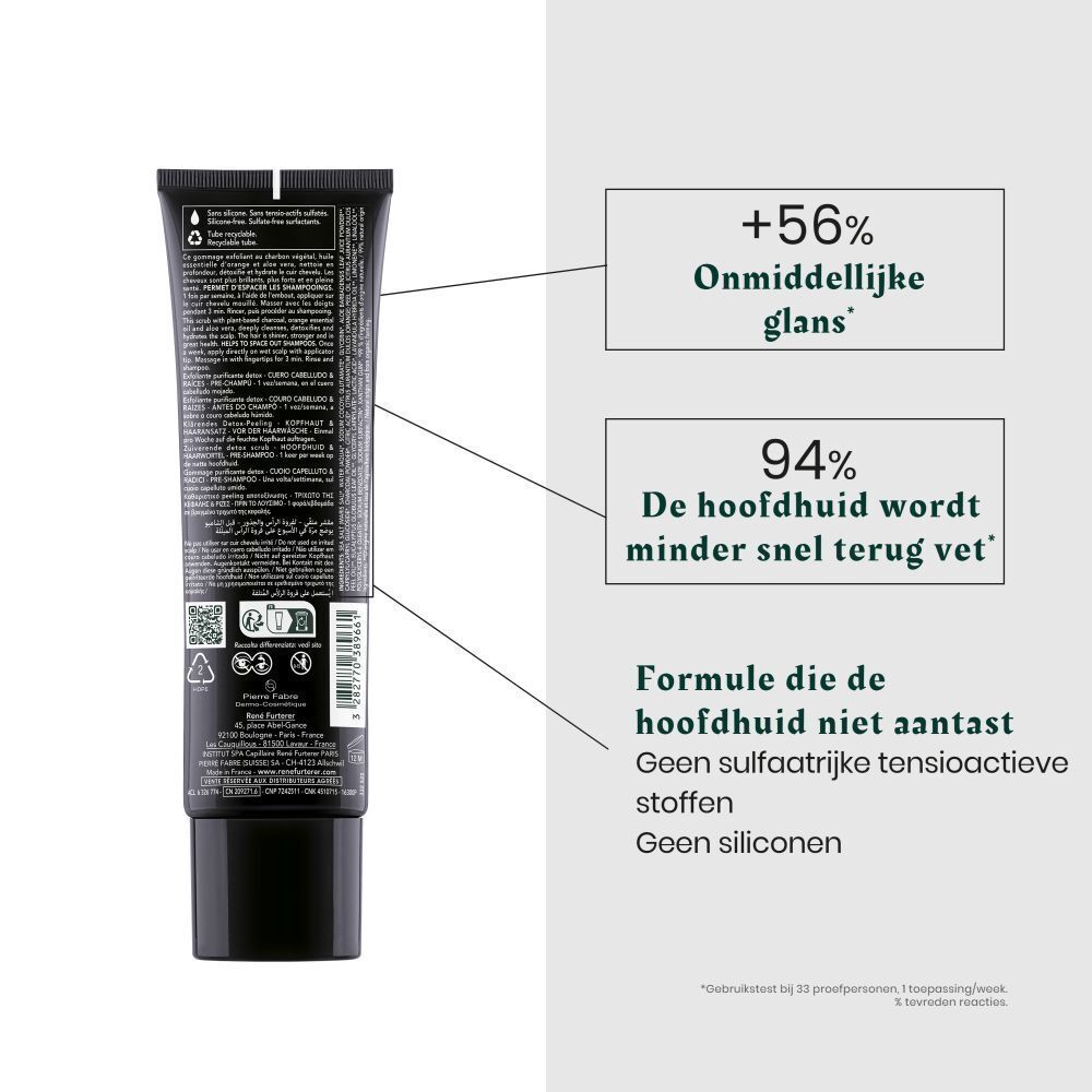 Achterkant van een zwarte tube. Tekst: +56% Onmiddellijke glans, 94% De hoofdhuid wordt minder snel terug vet.