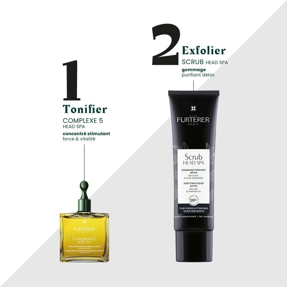 Deux produits: Complex 5 Head Spa et Scrub Head Spa. Texte: 1. Tonifier, 2. Exfolier.