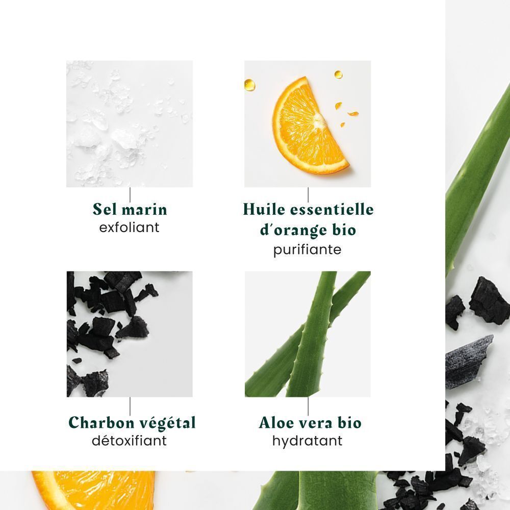Gros plan sur les ingrédients: Sel marin, Huile essentielle d'orange bio, Charbon végétal, Aloe vera bio.