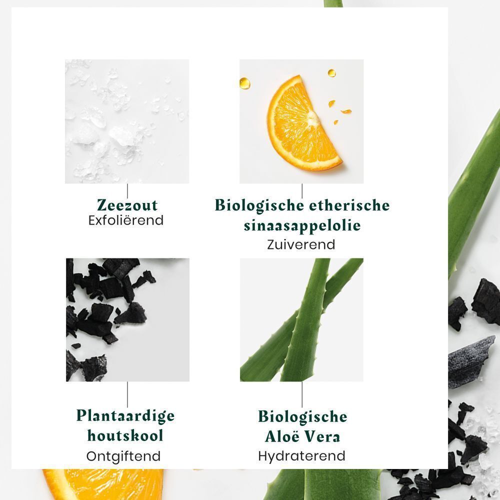 Close-up van ingrediënten: Zeezout, Biologische etherische sinaasappelolie, Plantaardige houtskool, Biologische Aloë Vera.