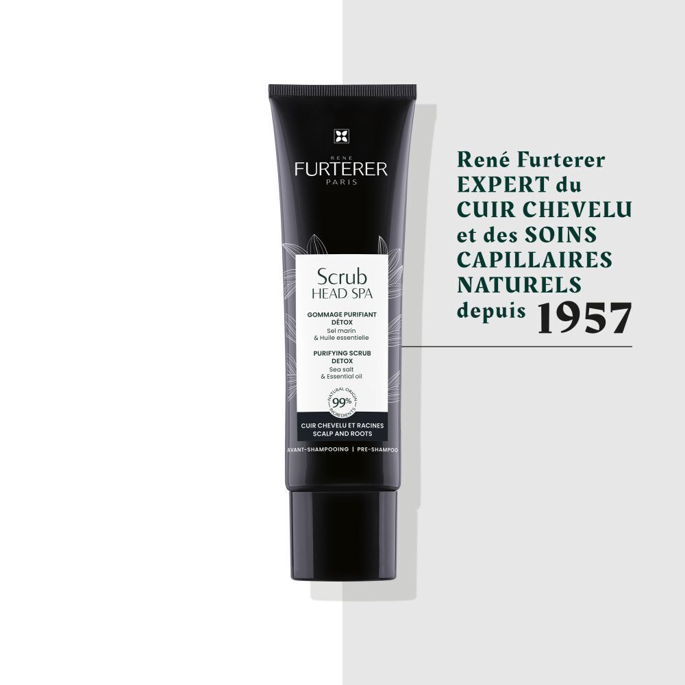 Tube noir René Furterer Head Spa Scrub. Texte: René Furterer Expert du cuir chevelu et des soins capillaires naturels depuis 1957.