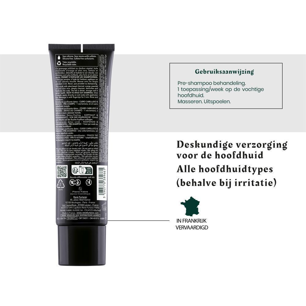 Achterkant van een zwarte tube. Tekst: Gebruiksaanwijzing, Deskundige verzorging voor de hoofdhuid, Vervaardigd in Frankrijk.