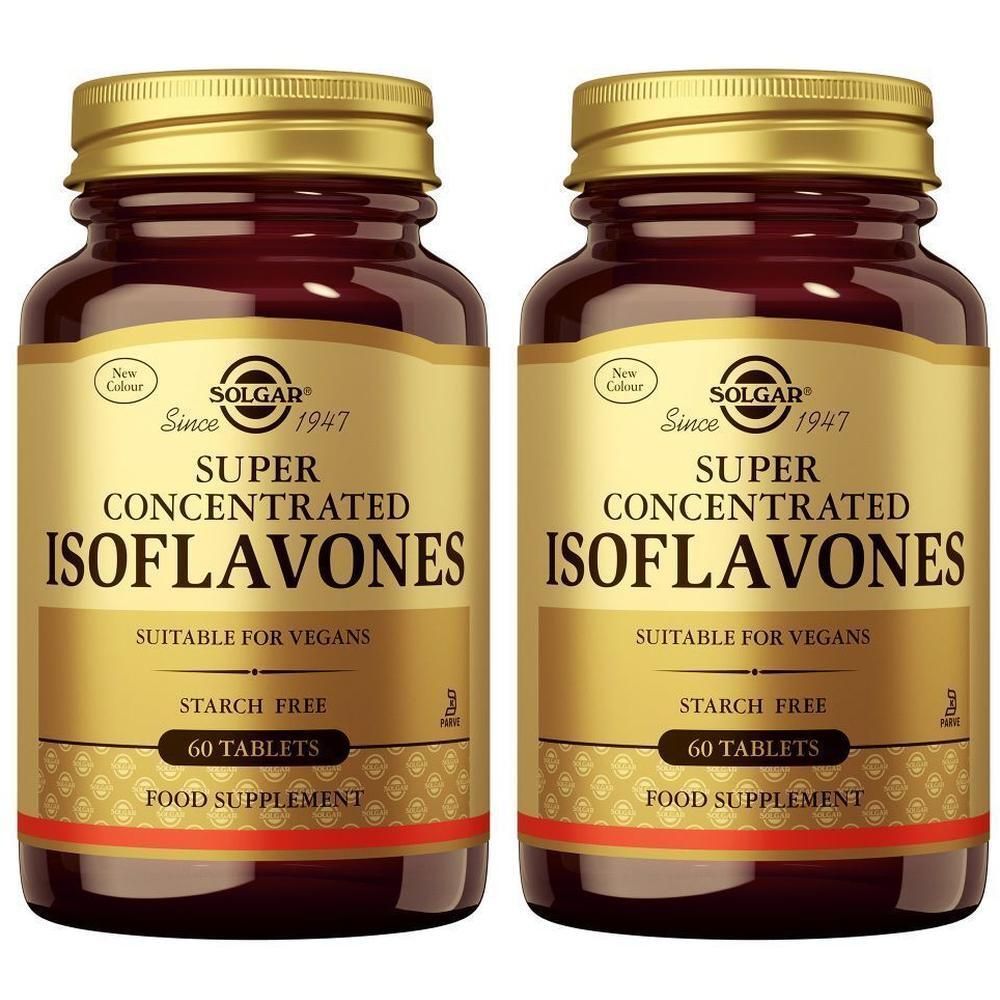 Twee flessen Solgar Super Concentrated Isoflavones. Bruine glazen flessen met gouden doppen en etiketten. Opschrift: 60 tabletten, geschikt voor veganisten.