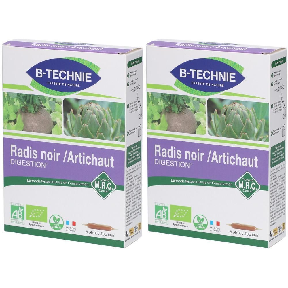 Deux boîtes de "B-TECHNIE Radis noir / Artichaut DIGESTION". Certifications bio et label MRC. Ampoules visibles.