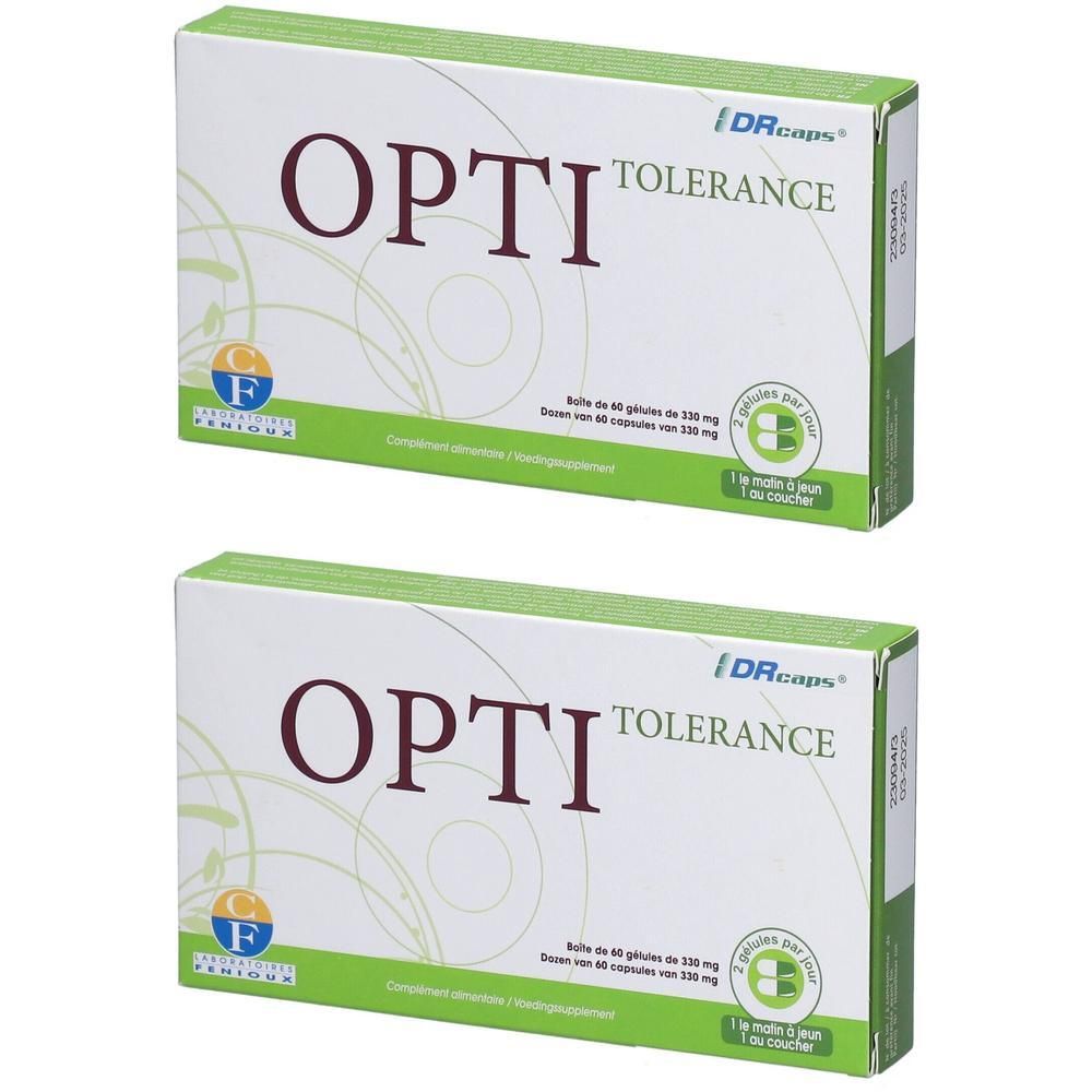 Deux boîtes OPTI TOLERANCE. Emballage vert et blanc avec informations produit et logo.