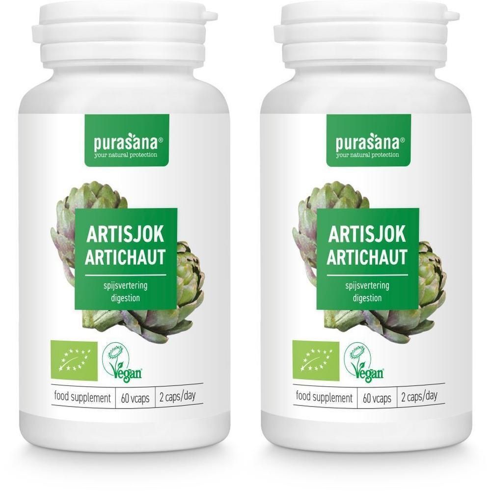 Twee witte flessen met groene etiketten. Opschrift: Artisjok, vegan, 60 capsules.