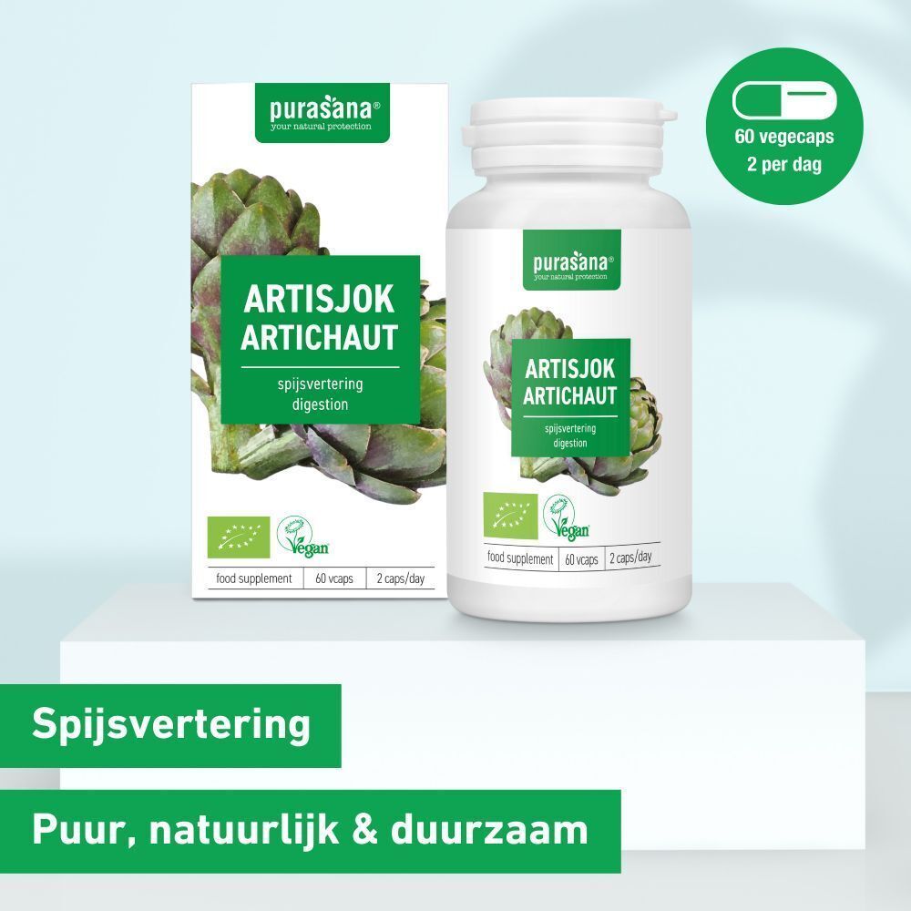 Een fles en een doos met groen etiket. Opschrift: Artisjok, vegan, 60 capsules.